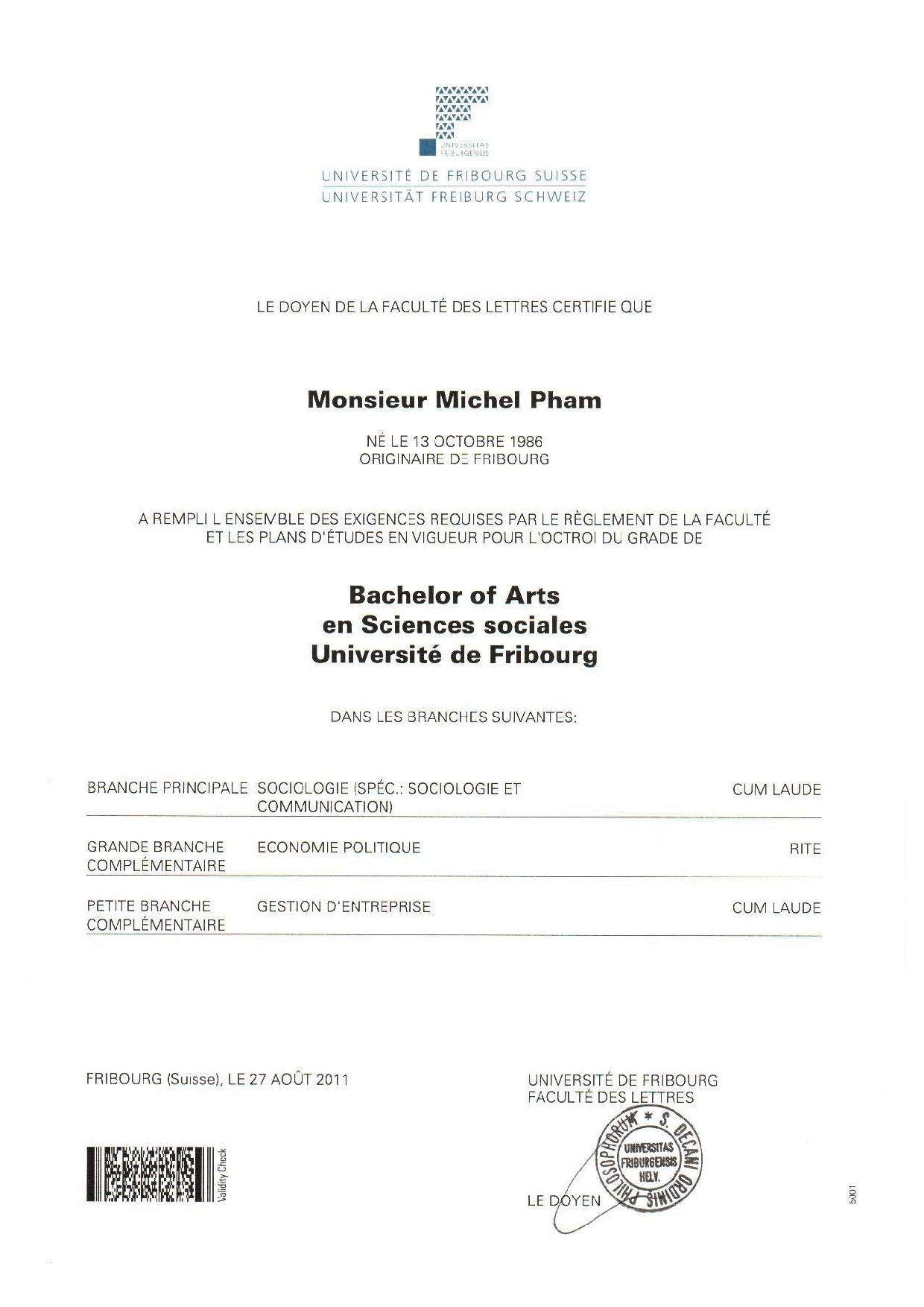 Diplôme de Bachelor en Sociologie de la Communication