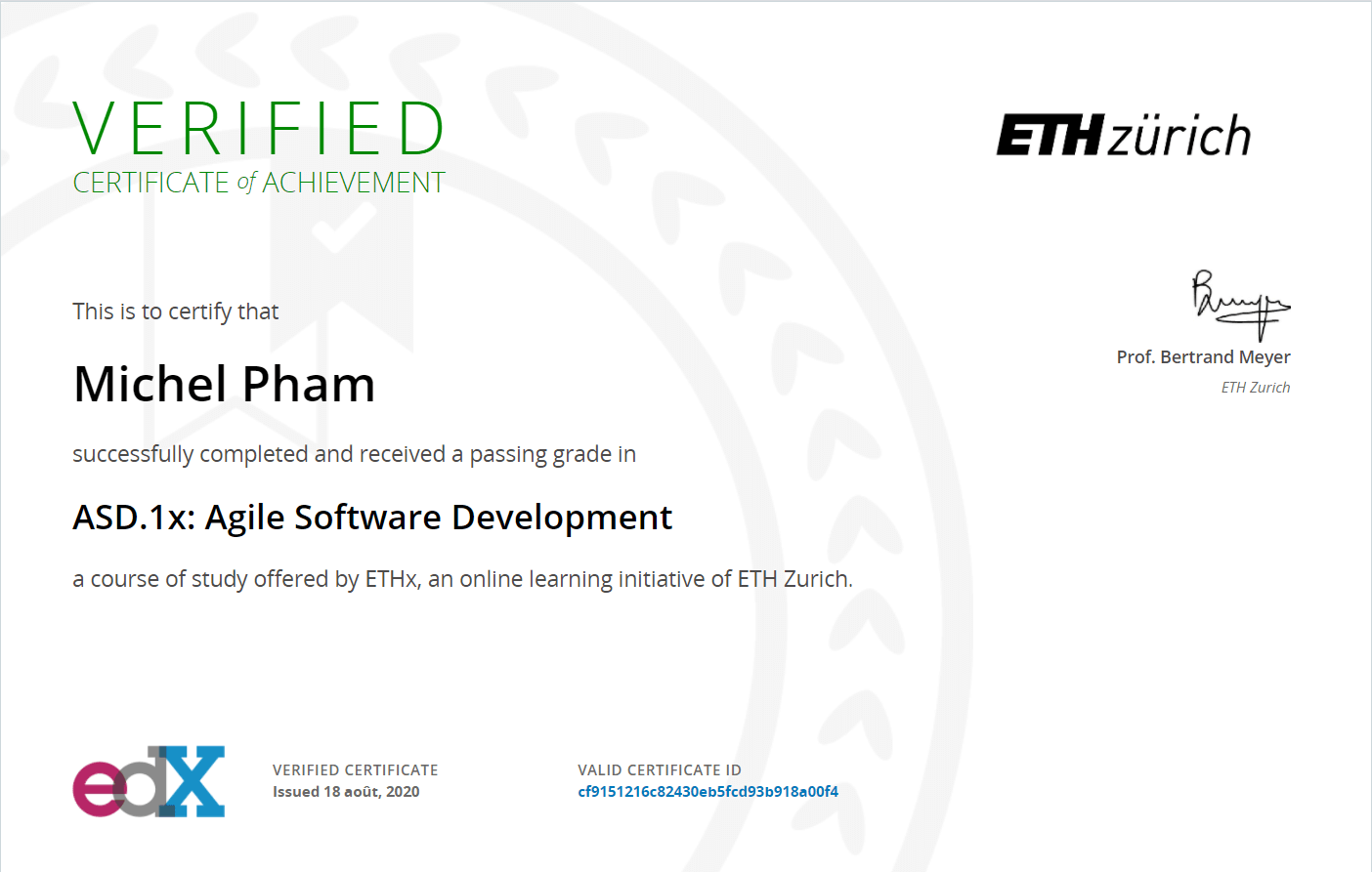 Michel Pham - Agile Software Development Certificate from ETH Zürich